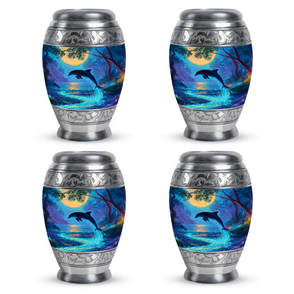 Sea Green Teal Dolphin Cremation Urn urn with complimentary velvet bag - ornate monarch-style dolphin relief on brushed aluminum - 10 inch aluminum urn for cremated remains