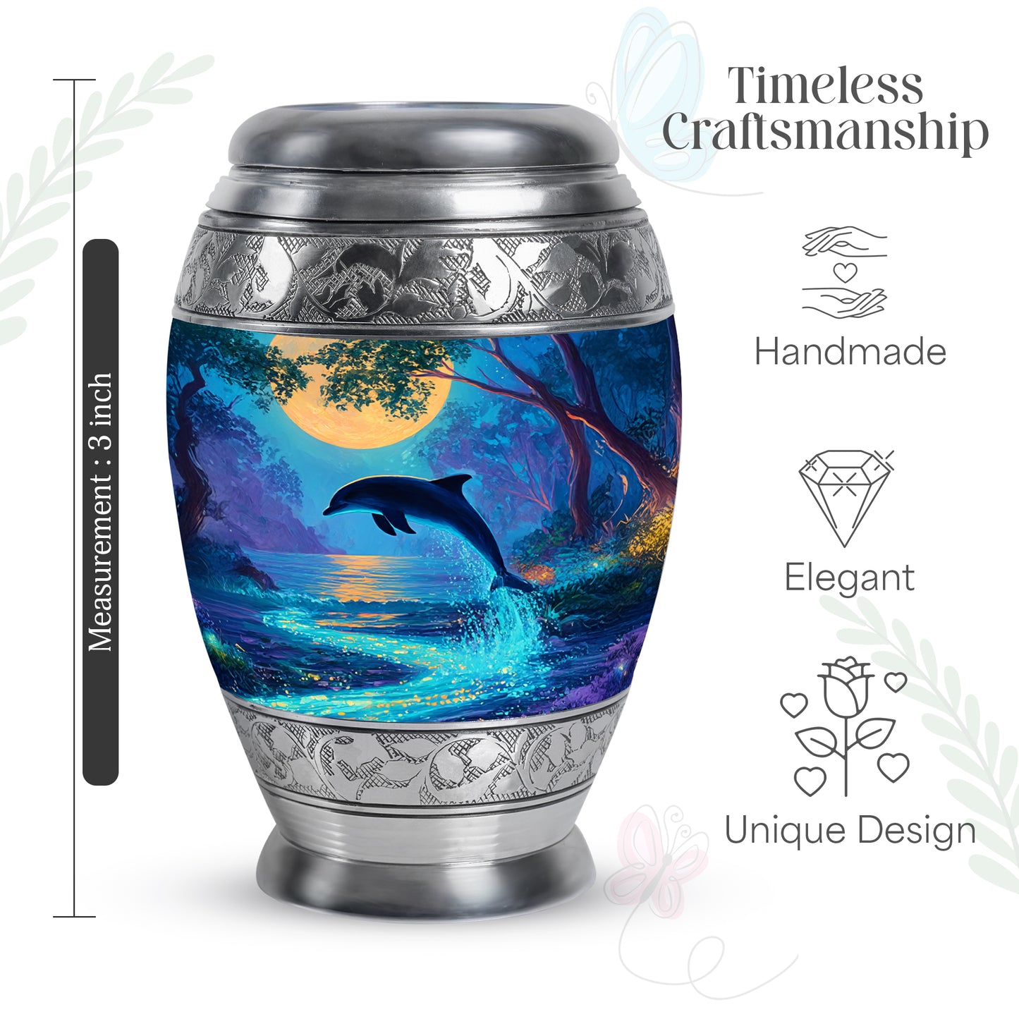 Cool Teal Dolphin Cremation Urn lifestyle display on memorial shelf - ornate monarch-style dolphin relief on brushed aluminum - mini keepsake memorial for portion of cremation ashes