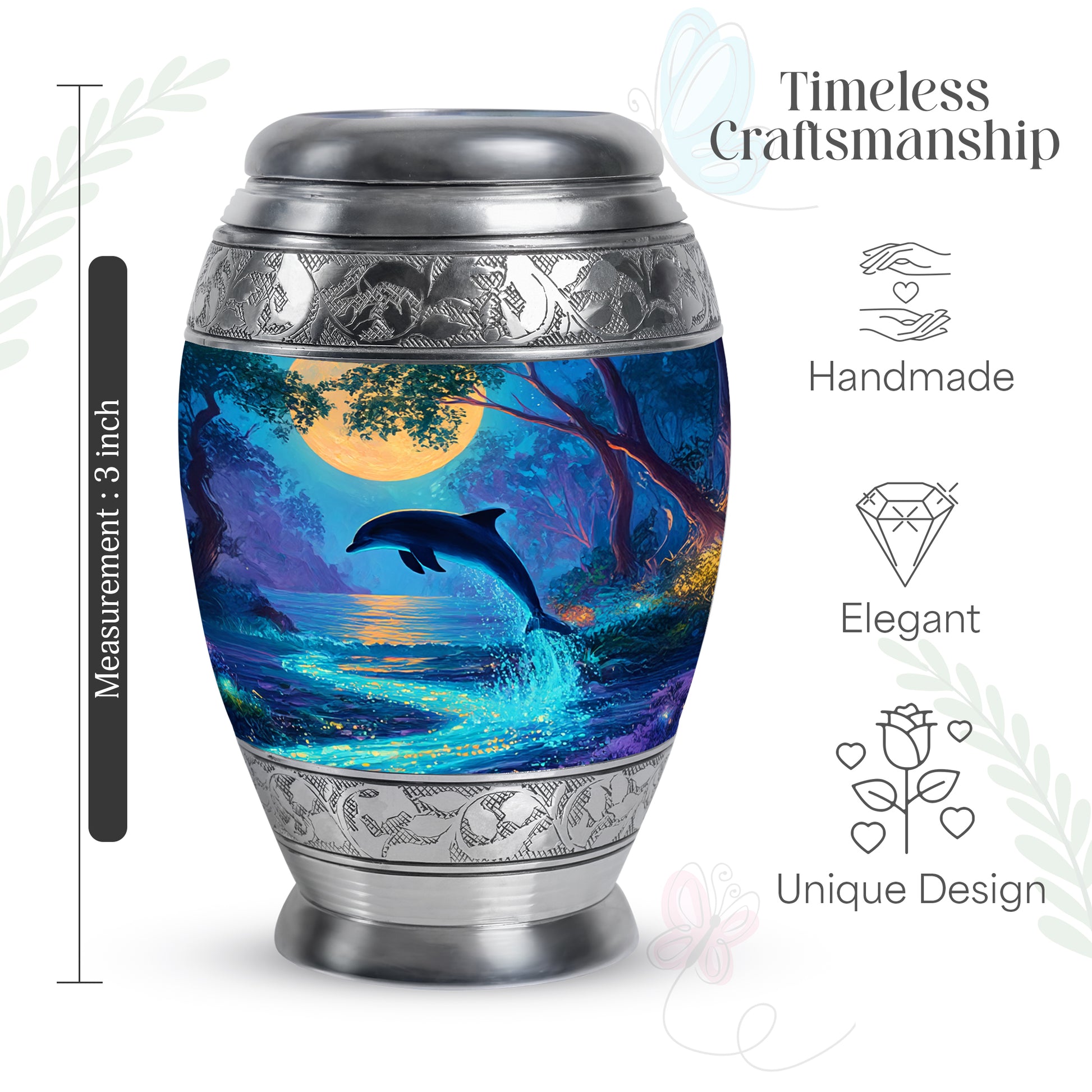 Cool Teal Dolphin Cremation Urn lifestyle display on memorial shelf - ornate monarch-style dolphin relief on brushed aluminum - mini keepsake memorial for portion of cremation ashes