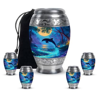 Soft Teal Dolphin Cremation Urn detail view - ornate monarch-style dolphin relief on brushed aluminum - memorial set with one large and four small urns
