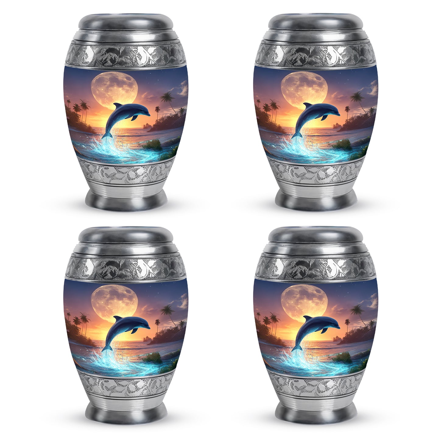 Silver Gray Dolphin Cremation Urn urn with complimentary velvet bag - regal dolphin design with crown-inspired accents - 10 inch aluminum urn for cremated remains