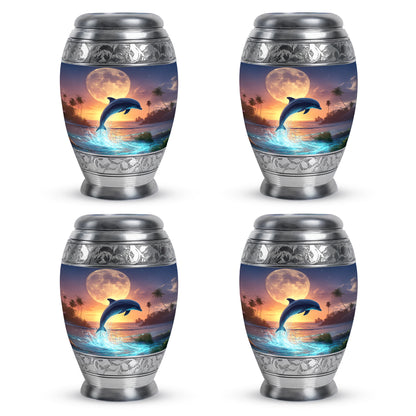 Silver Gray Dolphin Cremation Urn urn with complimentary velvet bag - regal dolphin design with crown-inspired accents - 10 inch aluminum urn for cremated remains
