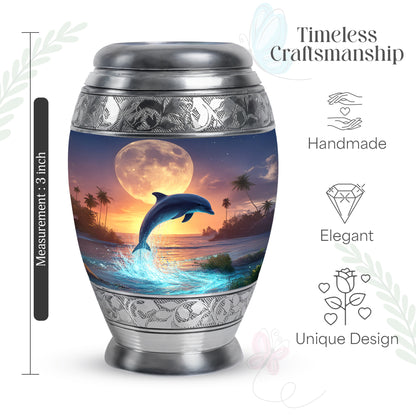Storm Gray Dolphin Cremation Urn lifestyle display on memorial shelf - majestic dolphin pattern with filigree border - mini keepsake memorial for portion of cremation ashes