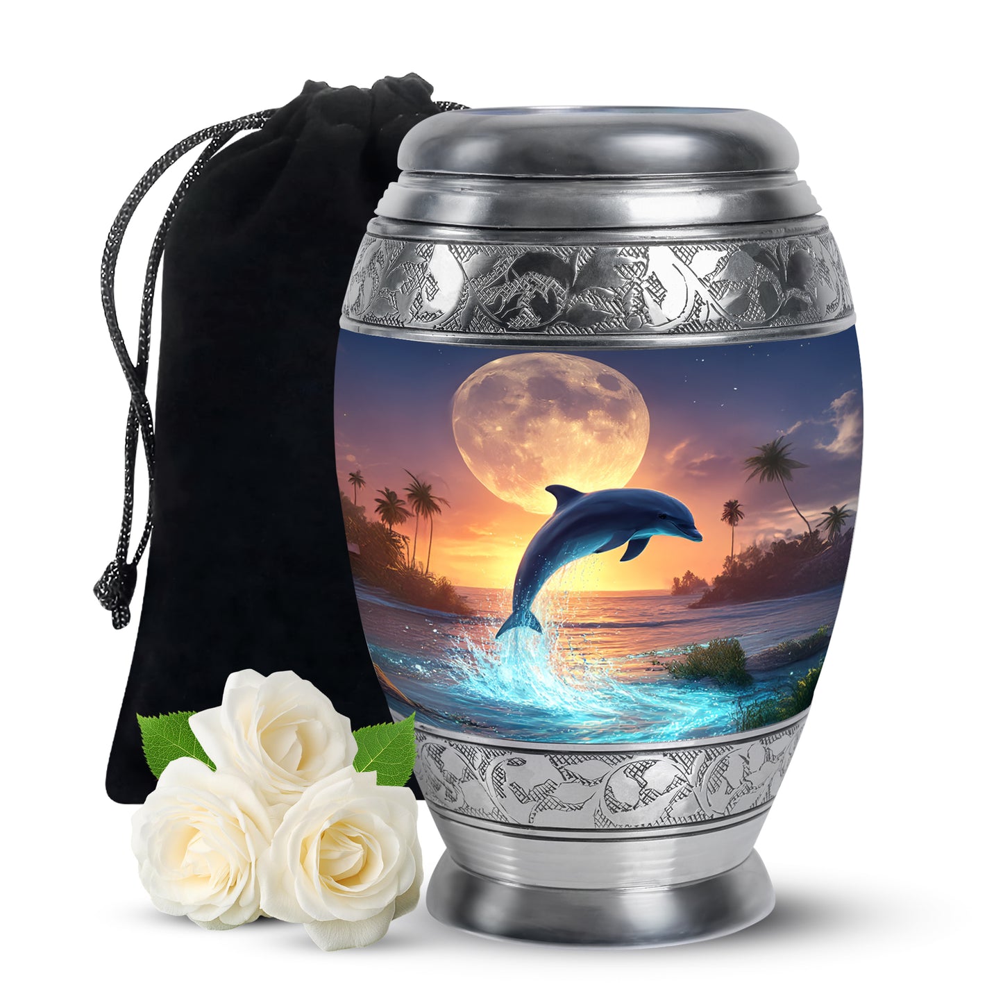 Dove Gray Dolphin Cremation Urn back view with polished surface - ornate monarch-style dolphin relief on brushed aluminum - full-size 10 inch 200 cubic inch adult cremation urn