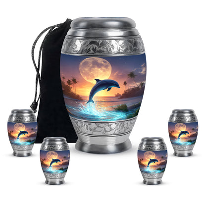 Ash Gray Dolphin Cremation Urn detail view - royal dolphin engraving with decorative scrollwork - memorial set with one large and four small urns