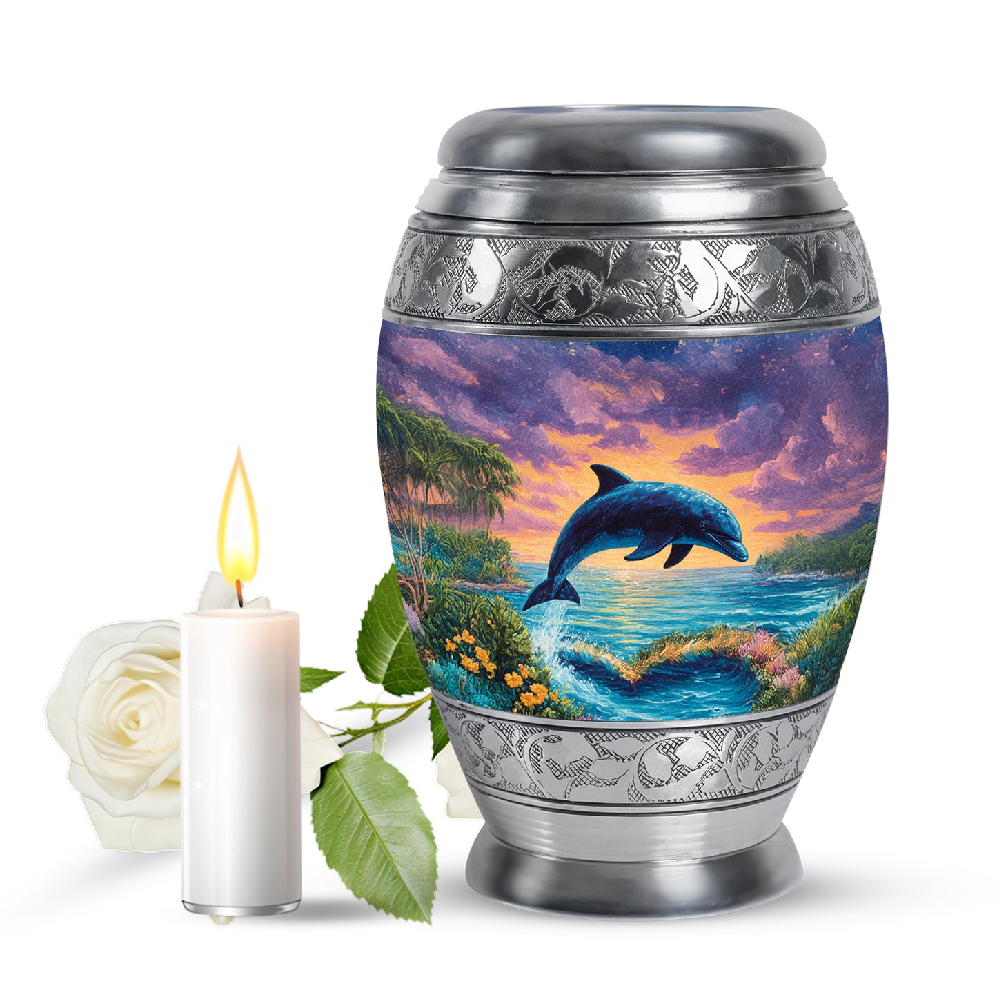 Graceful Blue Dolphin Sanctuary Urn for Human Ashes - 10-inch, 200 cu in - Yatskia