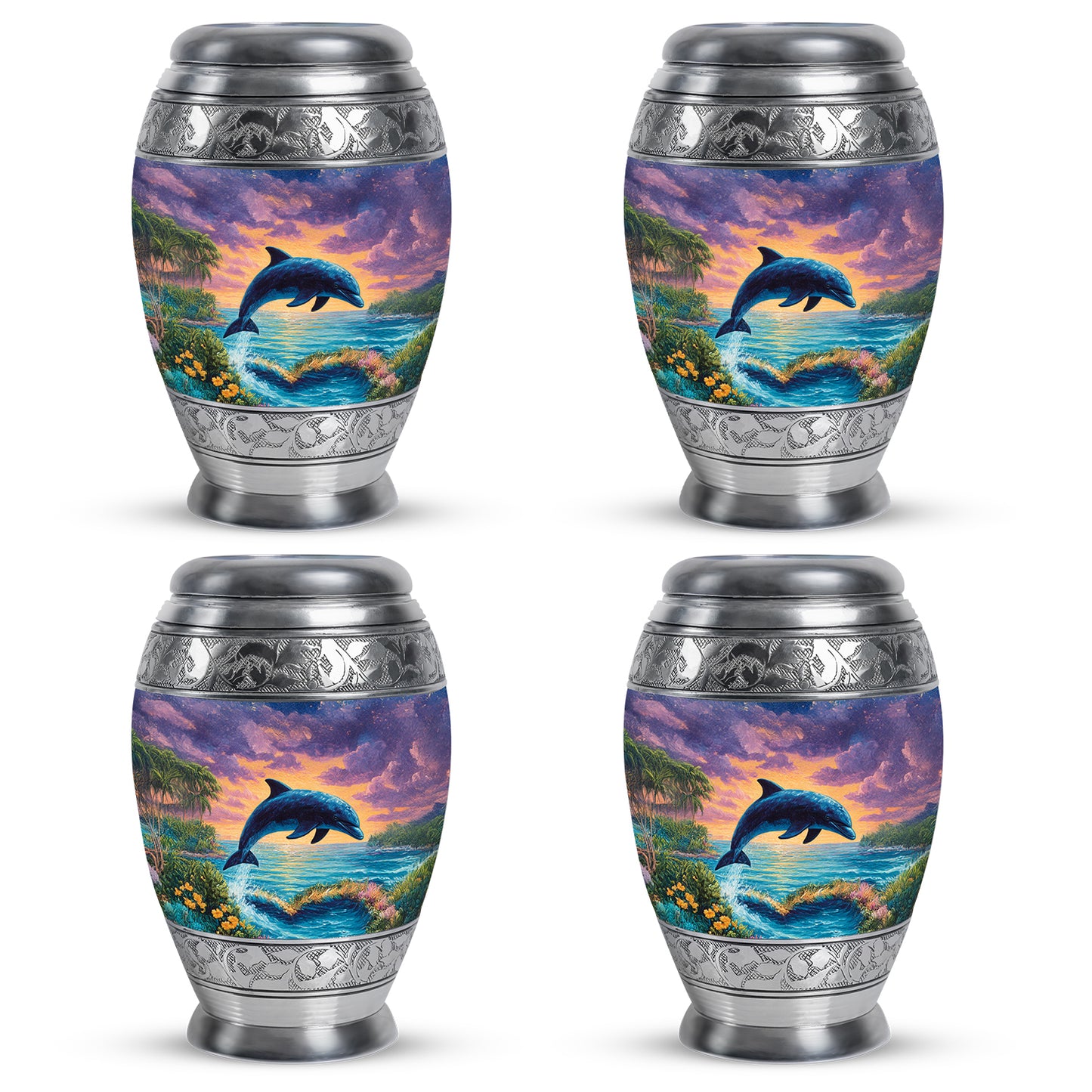 Azure Dolphin Cremation Urn urn with complimentary velvet bag - regal dolphin design with crown-inspired accents - 10 inch aluminum urn for cremated remains