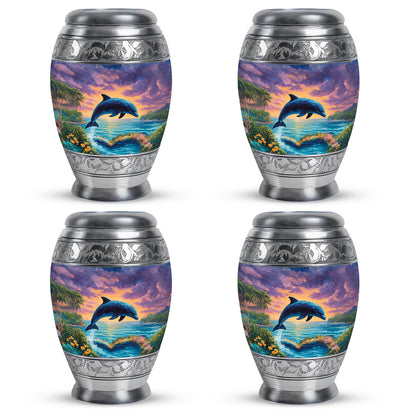 Azure Dolphin Cremation Urn urn with complimentary velvet bag - regal dolphin design with crown-inspired accents - 10 inch aluminum urn for cremated remains