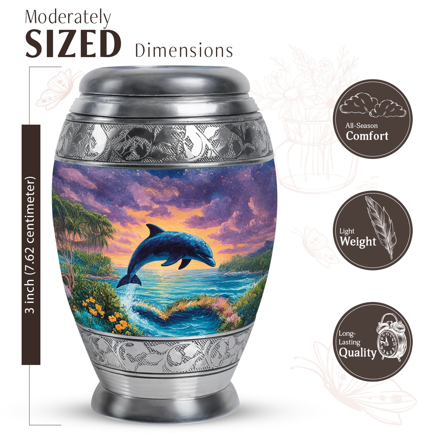 Powder Blue Dolphin Cremation Urn lifestyle display on memorial shelf - ornate monarch-style dolphin relief on brushed aluminum - mini keepsake memorial for portion of cremation ashes