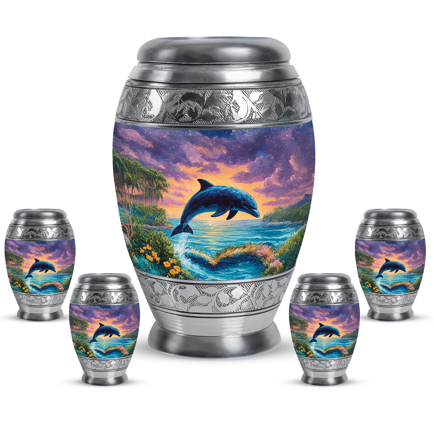 Dusty Blue Dolphin Cremation Urn detail view - regal dolphin design with crown-inspired accents - memorial set with one large and four small urns