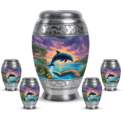 Dusty Blue Dolphin Cremation Urn detail view - regal dolphin design with crown-inspired accents - memorial set with one large and four small urns