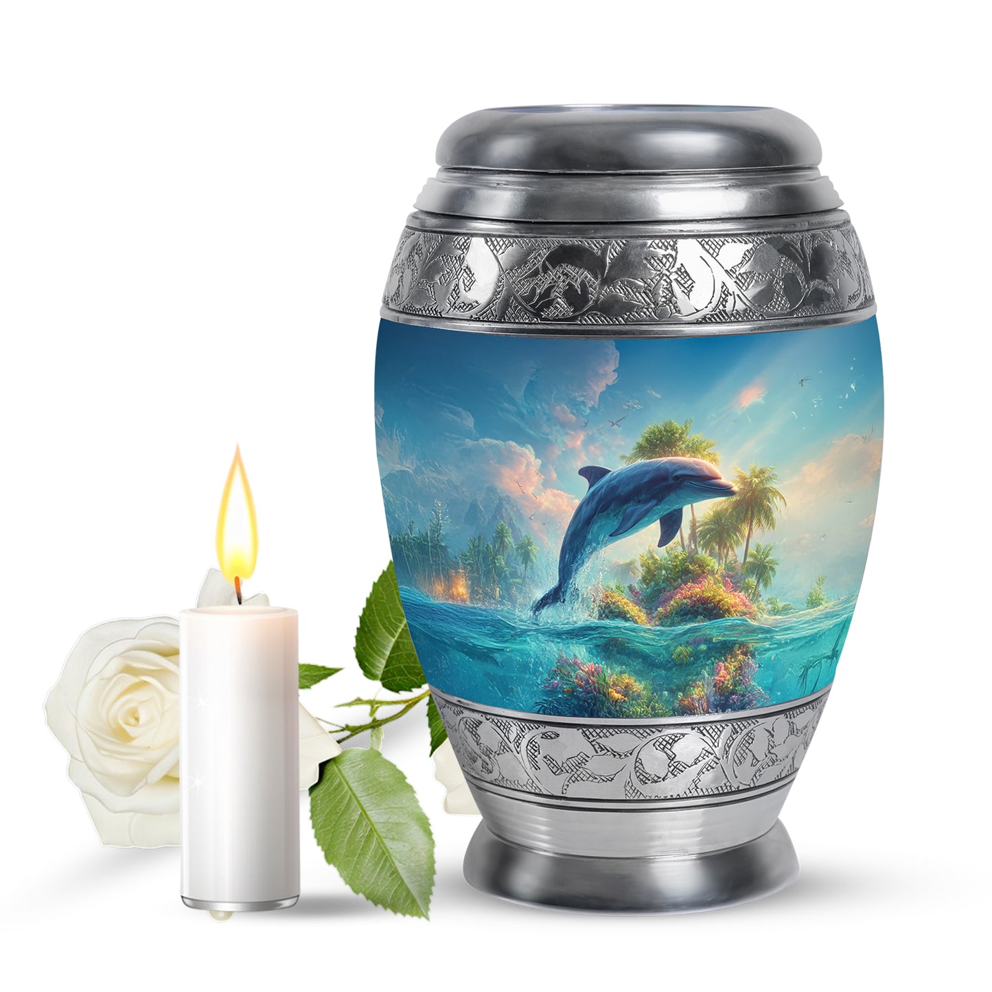 Blue Serene Dolphin Memorial Urn for Ashes - 10-inch, 200 cu in - Yatskia