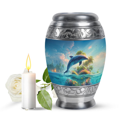 Blue Serene Dolphin Memorial Urn for Ashes - 10-inch, 200 cu in - Yatskia