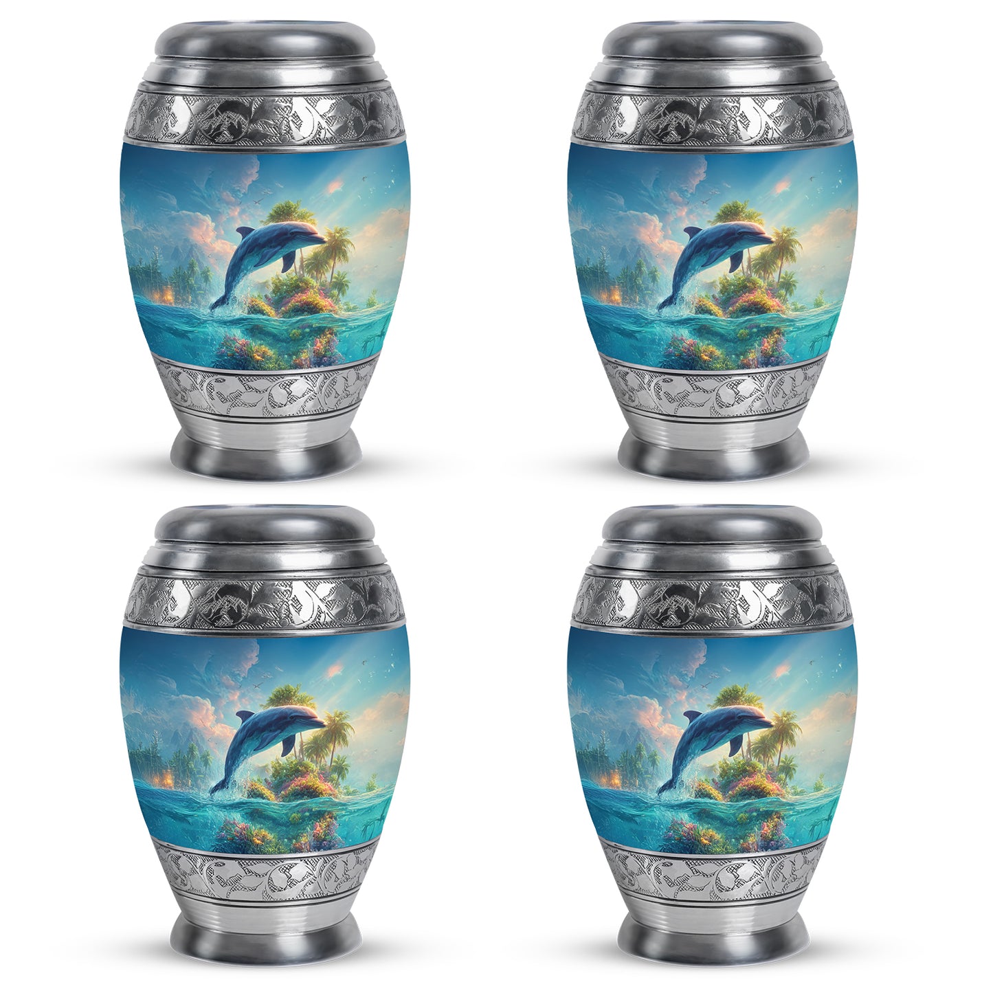 Misty Blue Dolphin Cremation Urn urn with complimentary velvet bag - ornate monarch-style dolphin relief on brushed aluminum - 10 inch aluminum urn for cremated remains