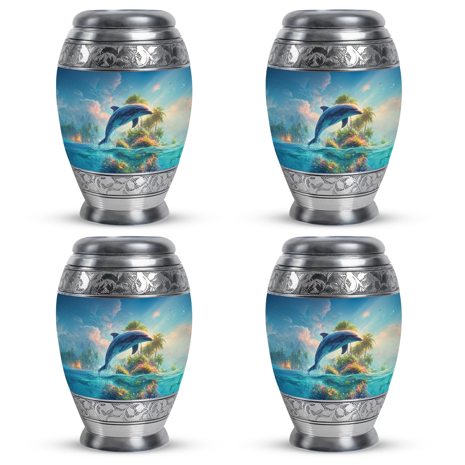 Misty Blue Dolphin Cremation Urn urn with complimentary velvet bag - ornate monarch-style dolphin relief on brushed aluminum - 10 inch aluminum urn for cremated remains