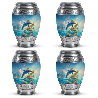 Misty Blue Dolphin Cremation Urn urn with complimentary velvet bag - ornate monarch-style dolphin relief on brushed aluminum - 10 inch aluminum urn for cremated remains