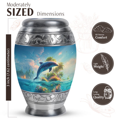 Indigo Dolphin Cremation Urn lifestyle display on memorial shelf - regal dolphin design with crown-inspired accents - mini keepsake memorial for portion of cremation ashes