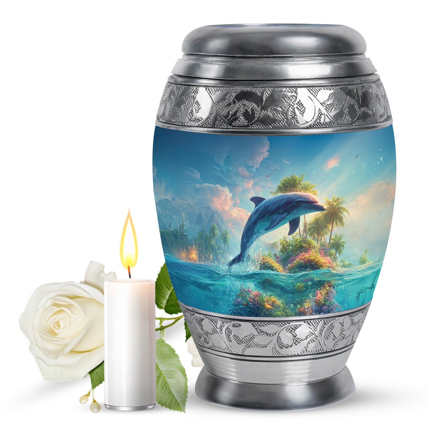 Cobalt Blue Dolphin Cremation Urn back view with polished surface - majestic dolphin pattern with filigree border - full-size 10 inch 200 cubic inch adult cremation urn