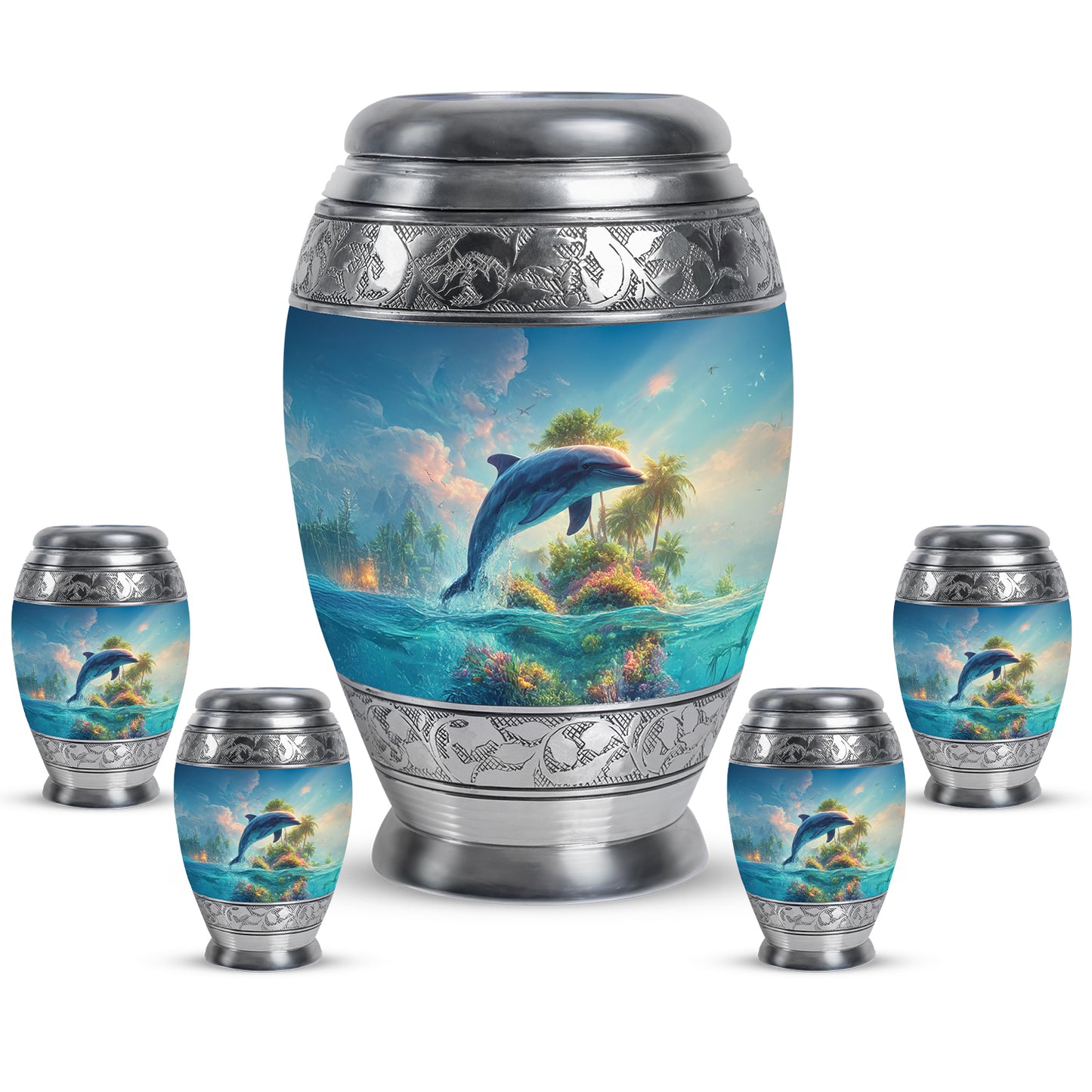 Navy Blue Dolphin Cremation Urn detail view - regal dolphin design with crown-inspired accents - memorial set with one large and four small urns