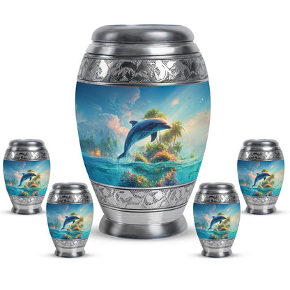 Navy Blue Dolphin Cremation Urn detail view - regal dolphin design with crown-inspired accents - memorial set with one large and four small urns