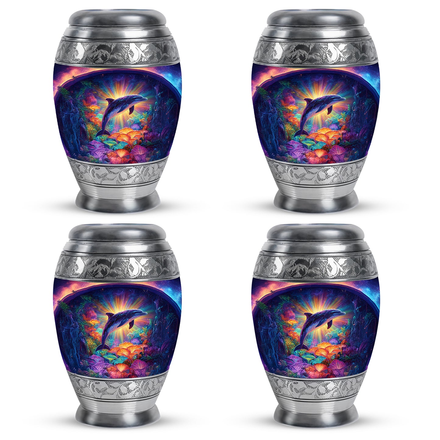 Rose Pink Dolphin Cremation Urn urn with complimentary velvet bag - ornate monarch-style dolphin relief on brushed aluminum - 10 inch aluminum urn for cremated remains