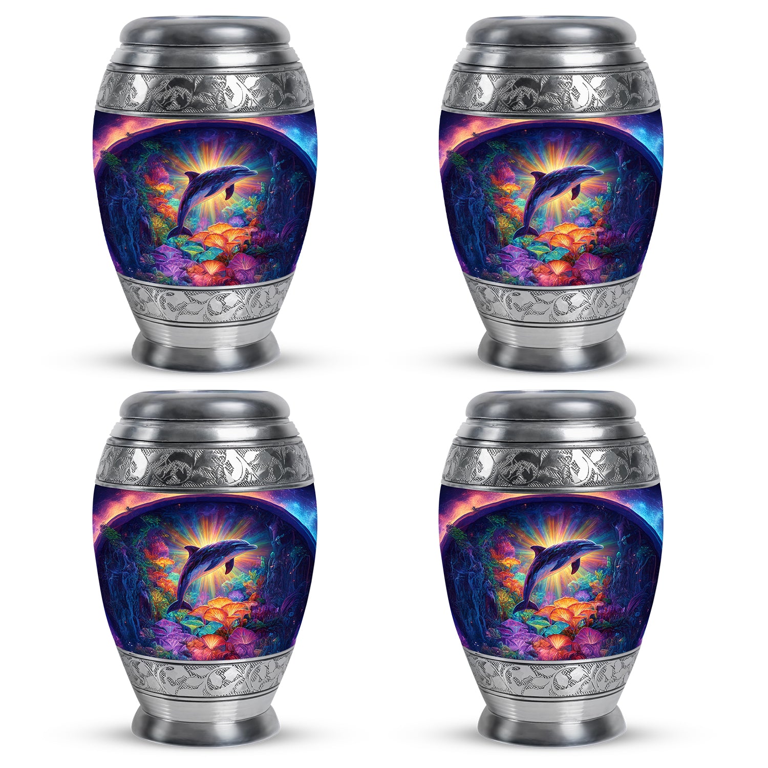 Rose Pink Dolphin Cremation Urn urn with complimentary velvet bag - ornate monarch-style dolphin relief on brushed aluminum - 10 inch aluminum urn for cremated remains