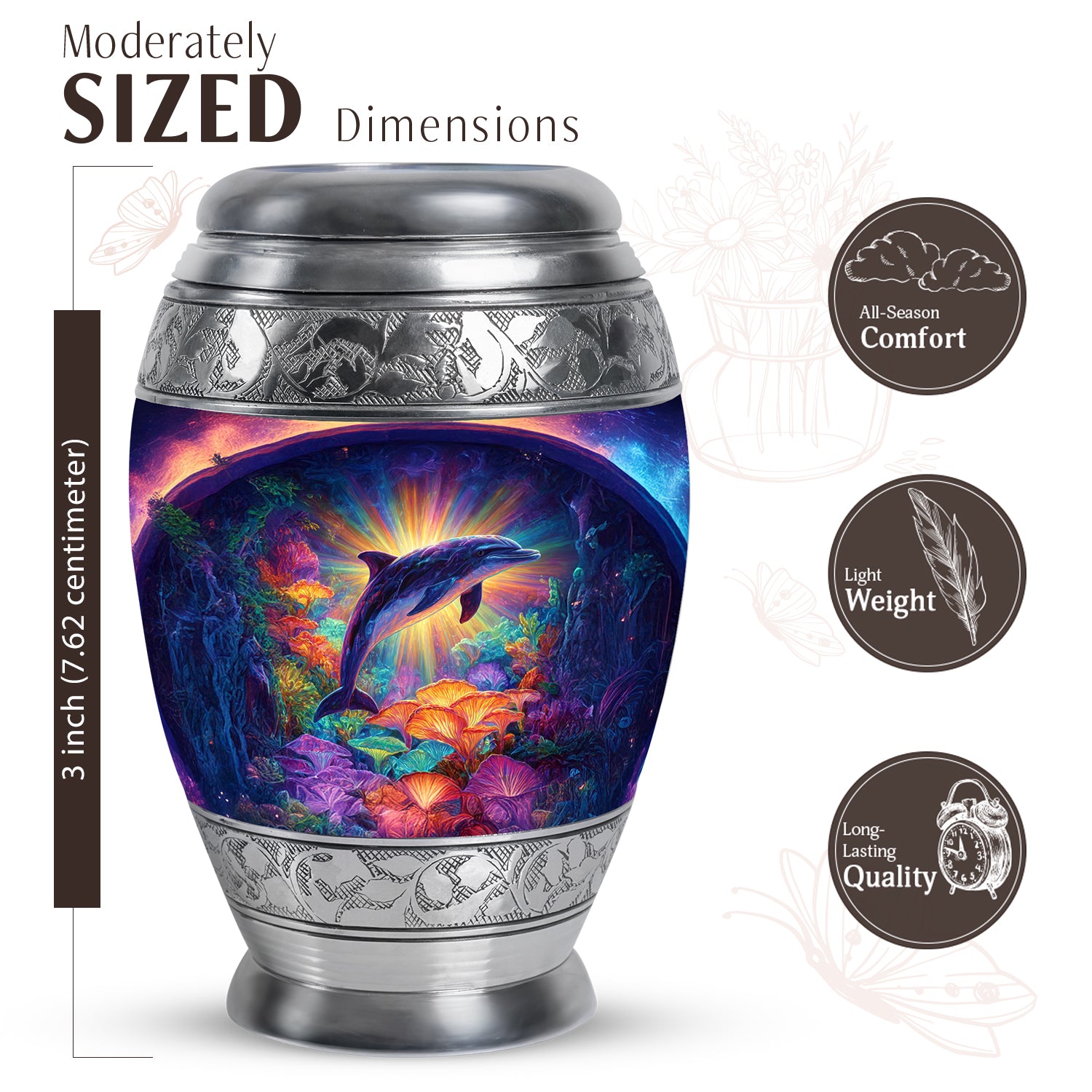 Dusty Pink Dolphin Cremation Urn lifestyle display on memorial shelf - royal dolphin engraving with decorative scrollwork - mini keepsake memorial for portion of cremation ashes