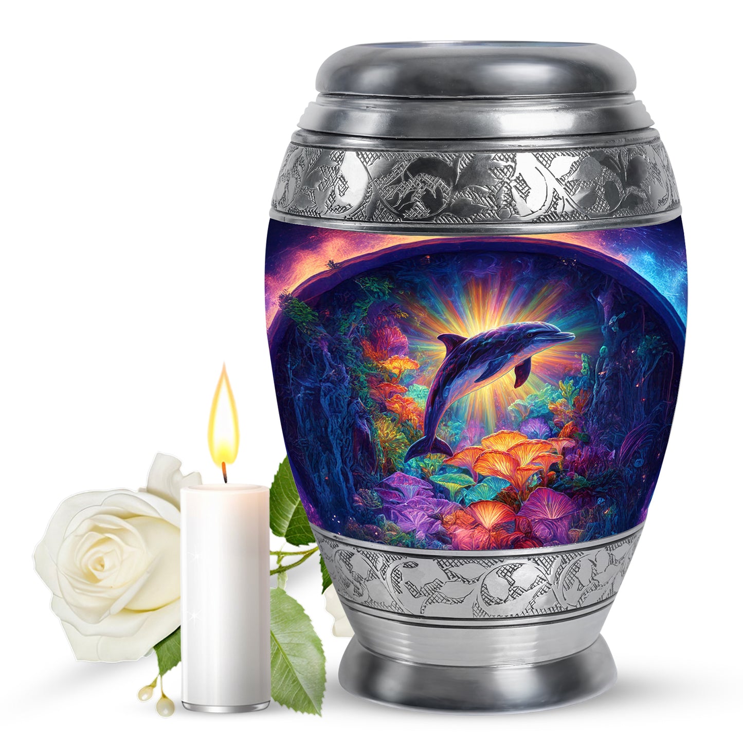 Salmon Pink Dolphin Cremation Urn back view with polished surface - majestic dolphin pattern with filigree border - full-size 10 inch 200 cubic inch adult cremation urn
