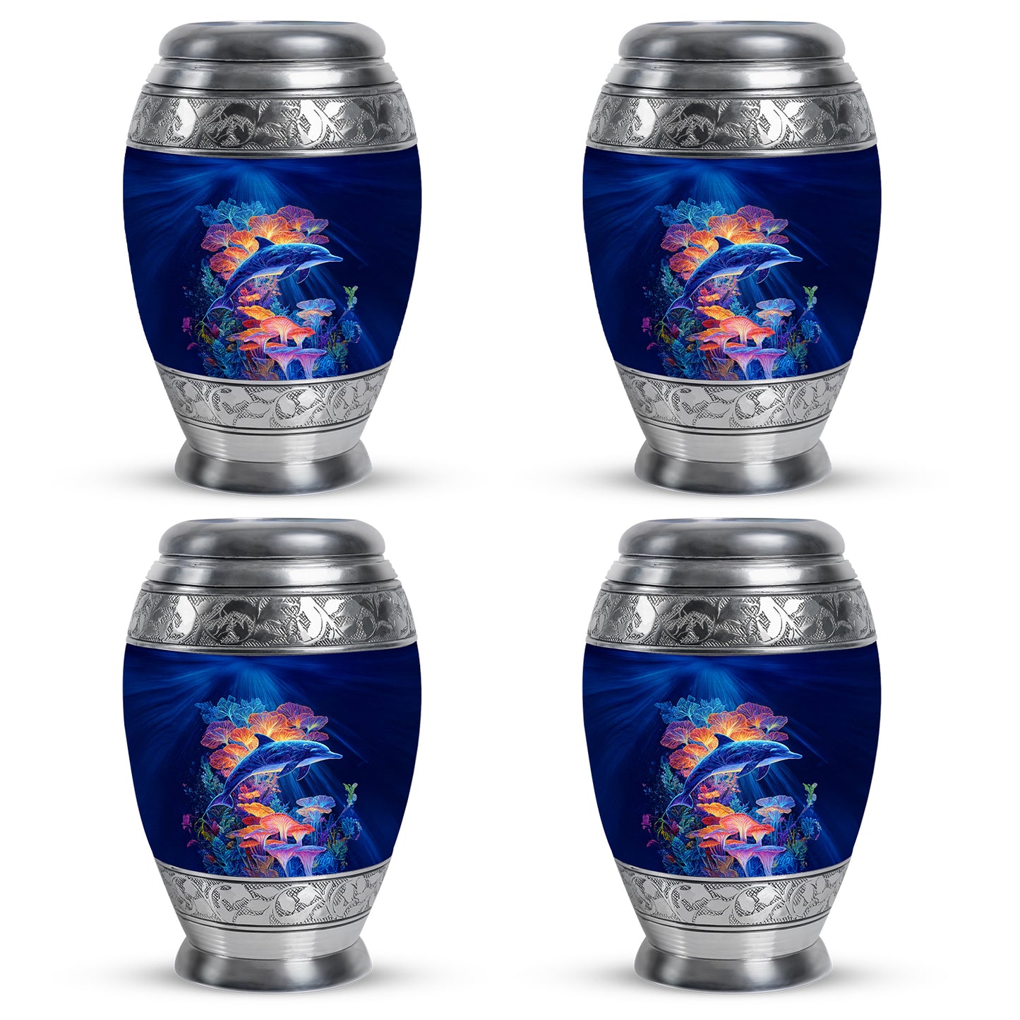 Powder Blue Dolphin Cremation Urn urn with complimentary velvet bag - regal dolphin design with crown-inspired accents - 10 inch aluminum urn for cremated remains