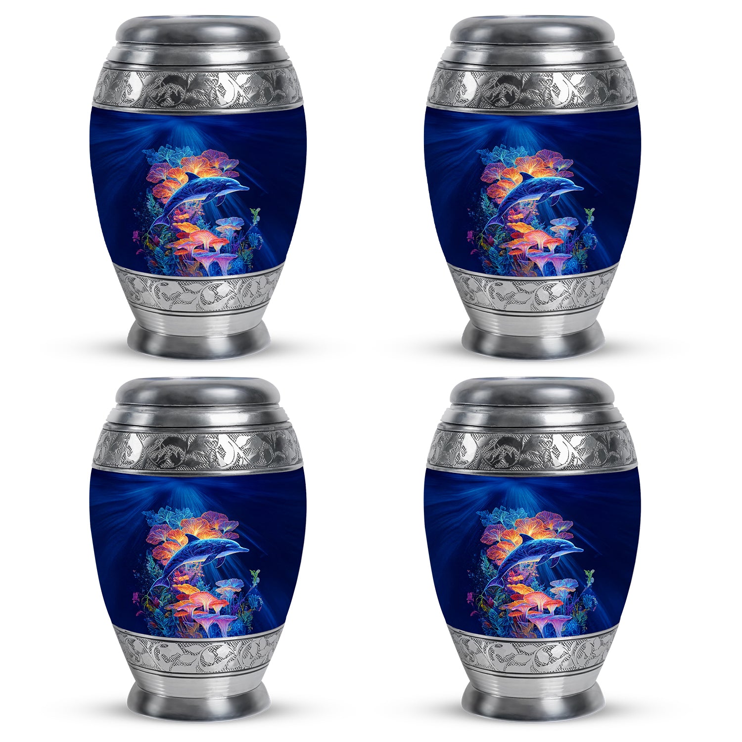 Powder Blue Dolphin Cremation Urn urn with complimentary velvet bag - regal dolphin design with crown-inspired accents - 10 inch aluminum urn for cremated remains