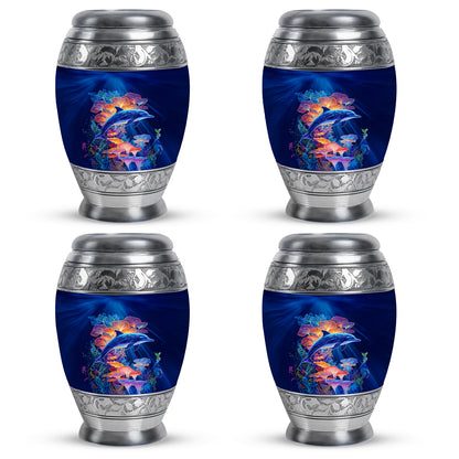 Powder Blue Dolphin Cremation Urn urn with complimentary velvet bag - regal dolphin design with crown-inspired accents - 10 inch aluminum urn for cremated remains
