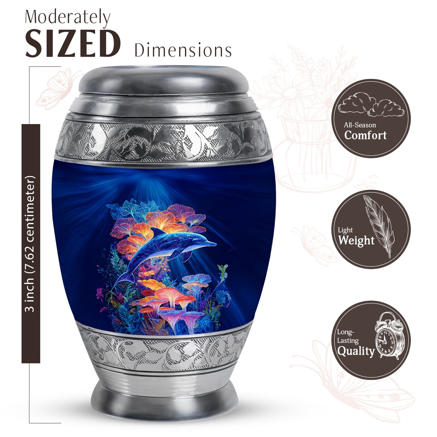 Soft Blue Dolphin Cremation Urn lifestyle display on memorial shelf - royal dolphin engraving with decorative scrollwork - mini keepsake memorial for portion of cremation ashes