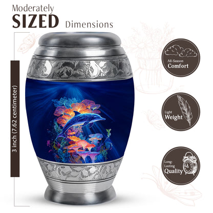 Soft Blue Dolphin Cremation Urn lifestyle display on memorial shelf - royal dolphin engraving with decorative scrollwork - mini keepsake memorial for portion of cremation ashes