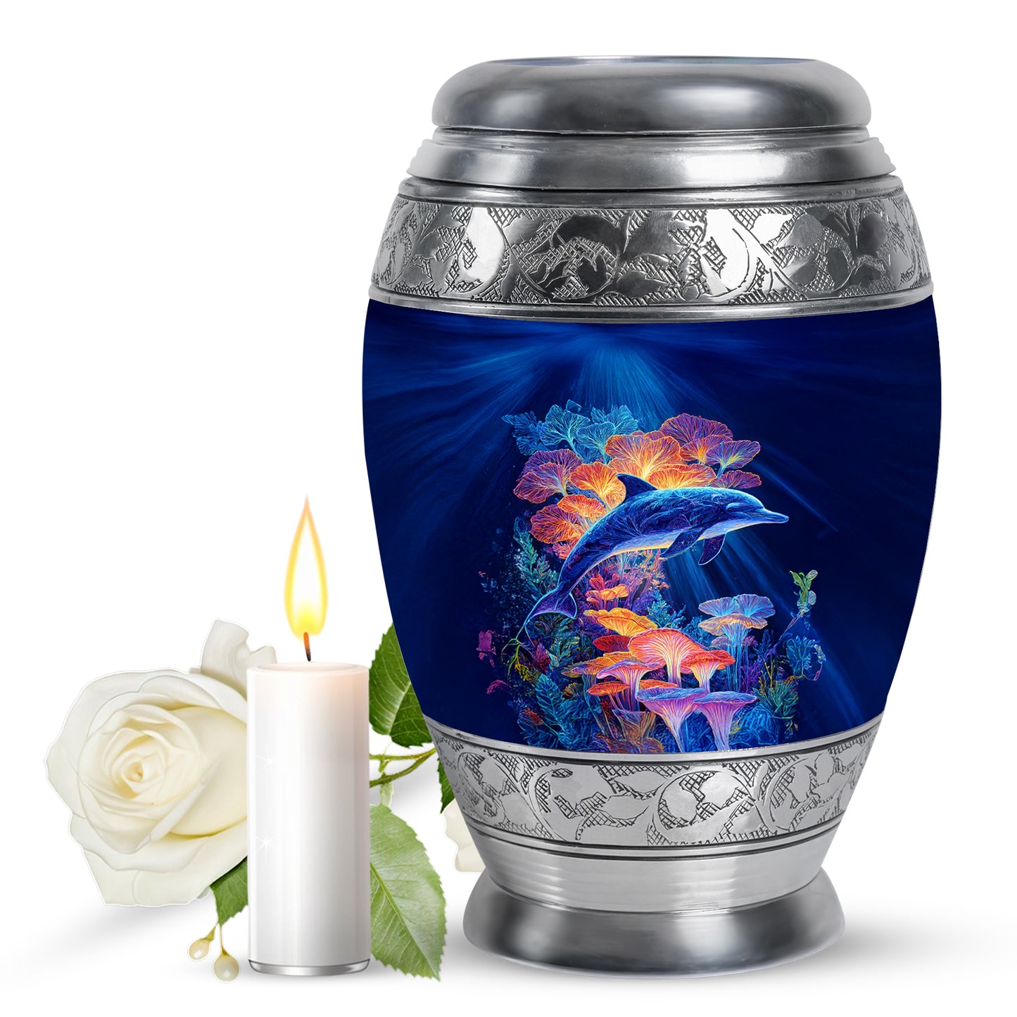 Misty Blue Dolphin Cremation Urn back view with polished surface - regal dolphin design with crown-inspired accents - full-size 10 inch 200 cubic inch adult cremation urn