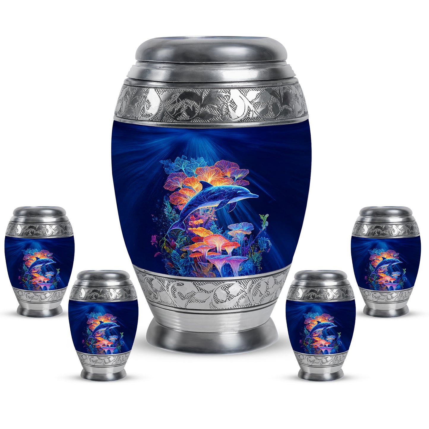 Cornflower Blue Dolphin Cremation Urn detail view - royal dolphin engraving with decorative scrollwork - memorial set with one large and four small urns