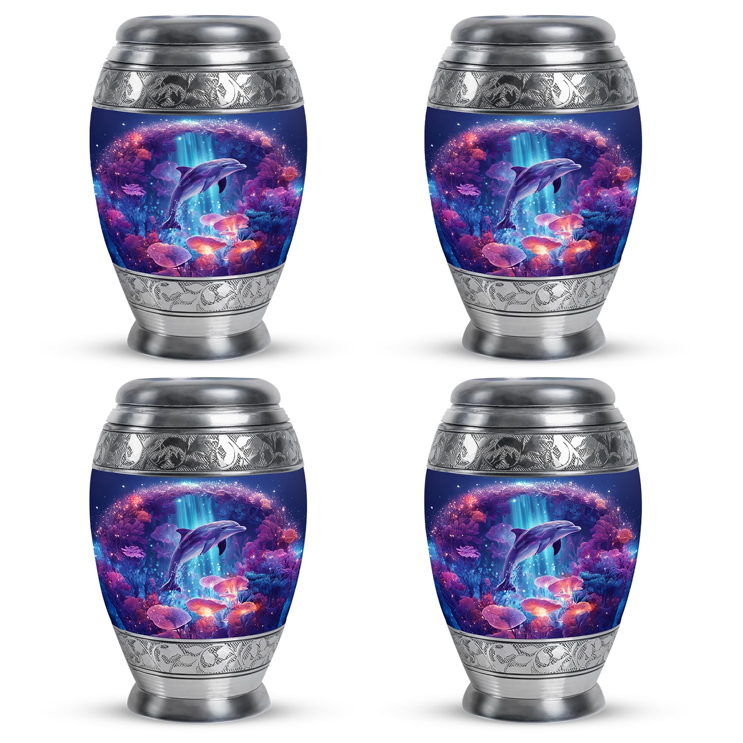 Cornflower Blue Dolphin Cremation Urn urn with complimentary velvet bag - majestic dolphin pattern with filigree border - 10 inch aluminum urn for cremated remains