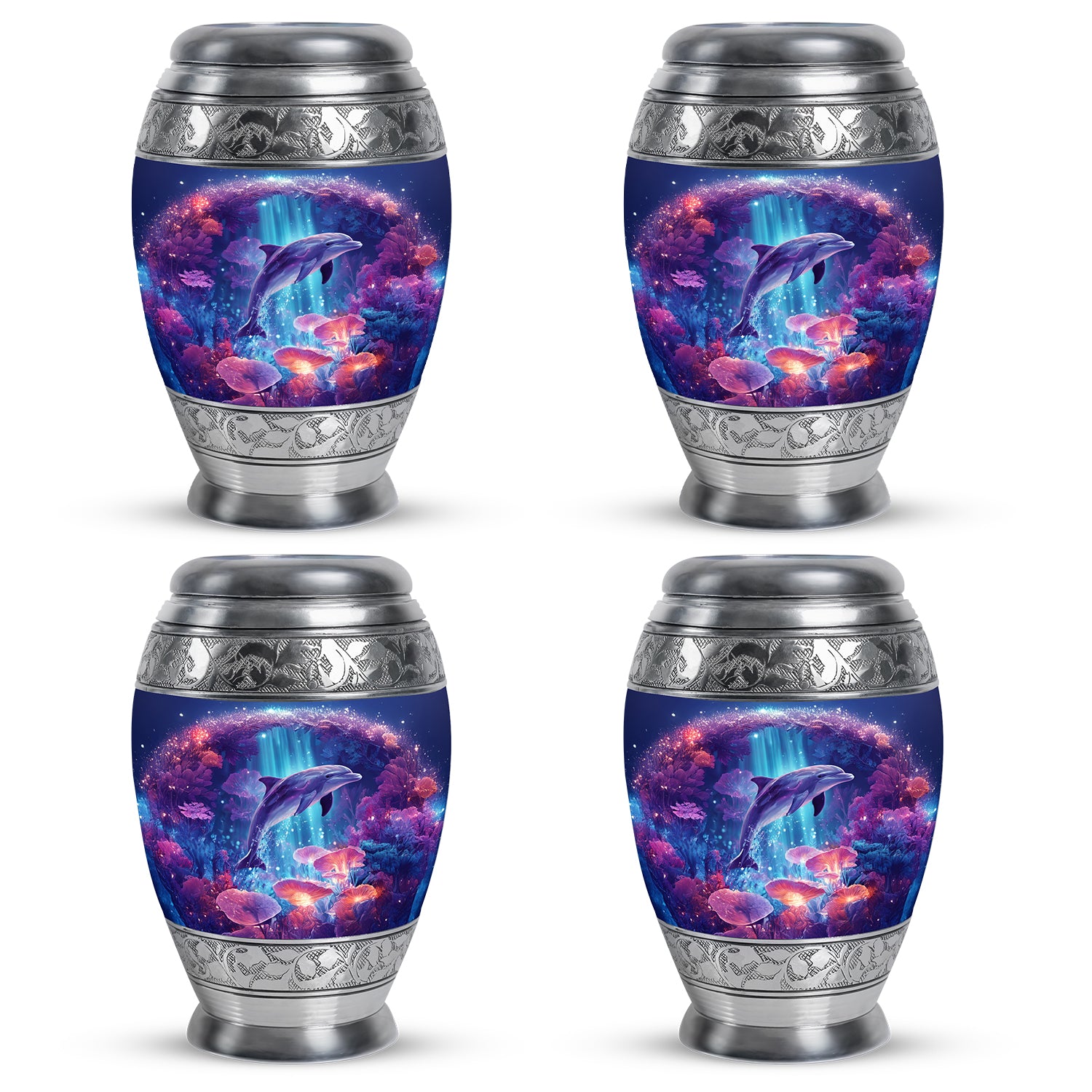 Cornflower Blue Dolphin Cremation Urn urn with complimentary velvet bag - majestic dolphin pattern with filigree border - 10 inch aluminum urn for cremated remains