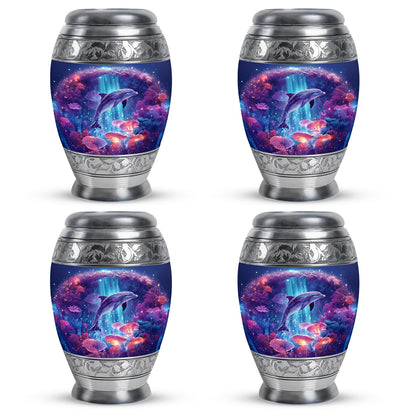 Cornflower Blue Dolphin Cremation Urn urn with complimentary velvet bag - majestic dolphin pattern with filigree border - 10 inch aluminum urn for cremated remains