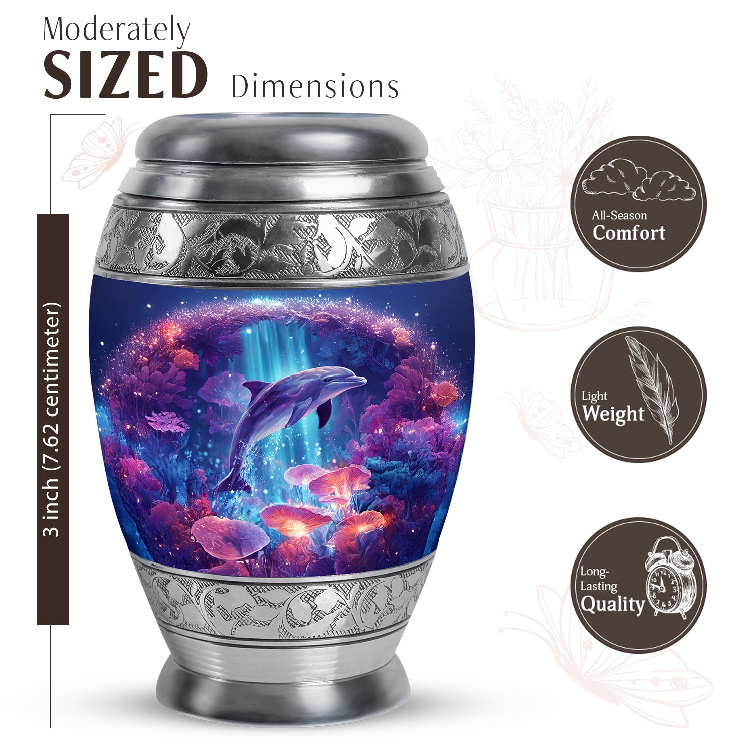 Twilight Blue Dolphin Cremation Urn lifestyle display on memorial shelf - royal dolphin engraving with decorative scrollwork - mini keepsake memorial for portion of cremation ashes