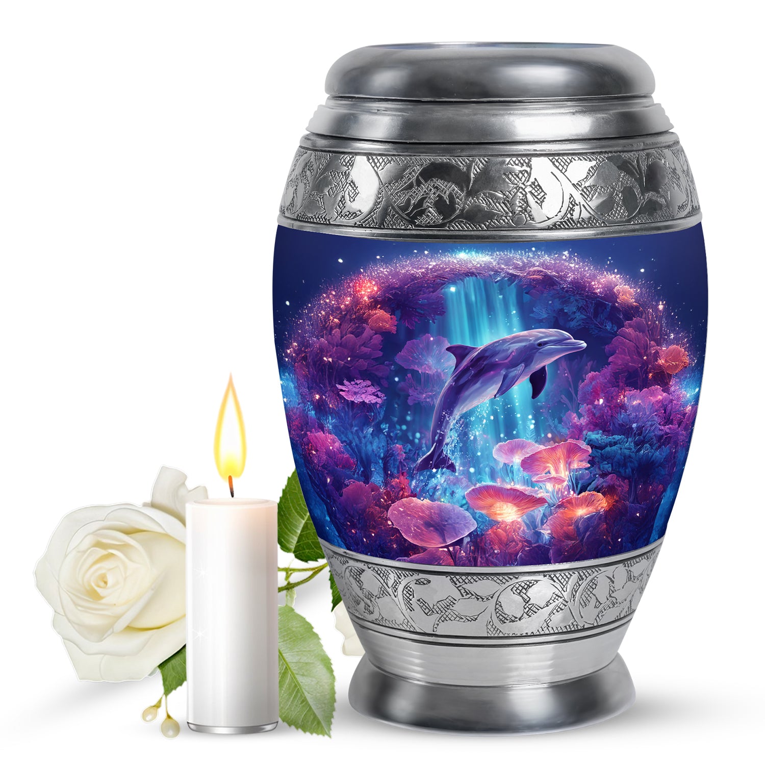 Slate Blue Dolphin Cremation Urn back view with polished surface - regal dolphin design with crown-inspired accents - full-size 10 inch 200 cubic inch adult cremation urn