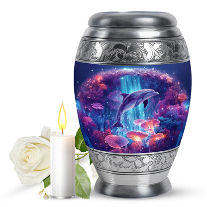 Slate Blue Dolphin Cremation Urn back view with polished surface - regal dolphin design with crown-inspired accents - full-size 10 inch 200 cubic inch adult cremation urn
