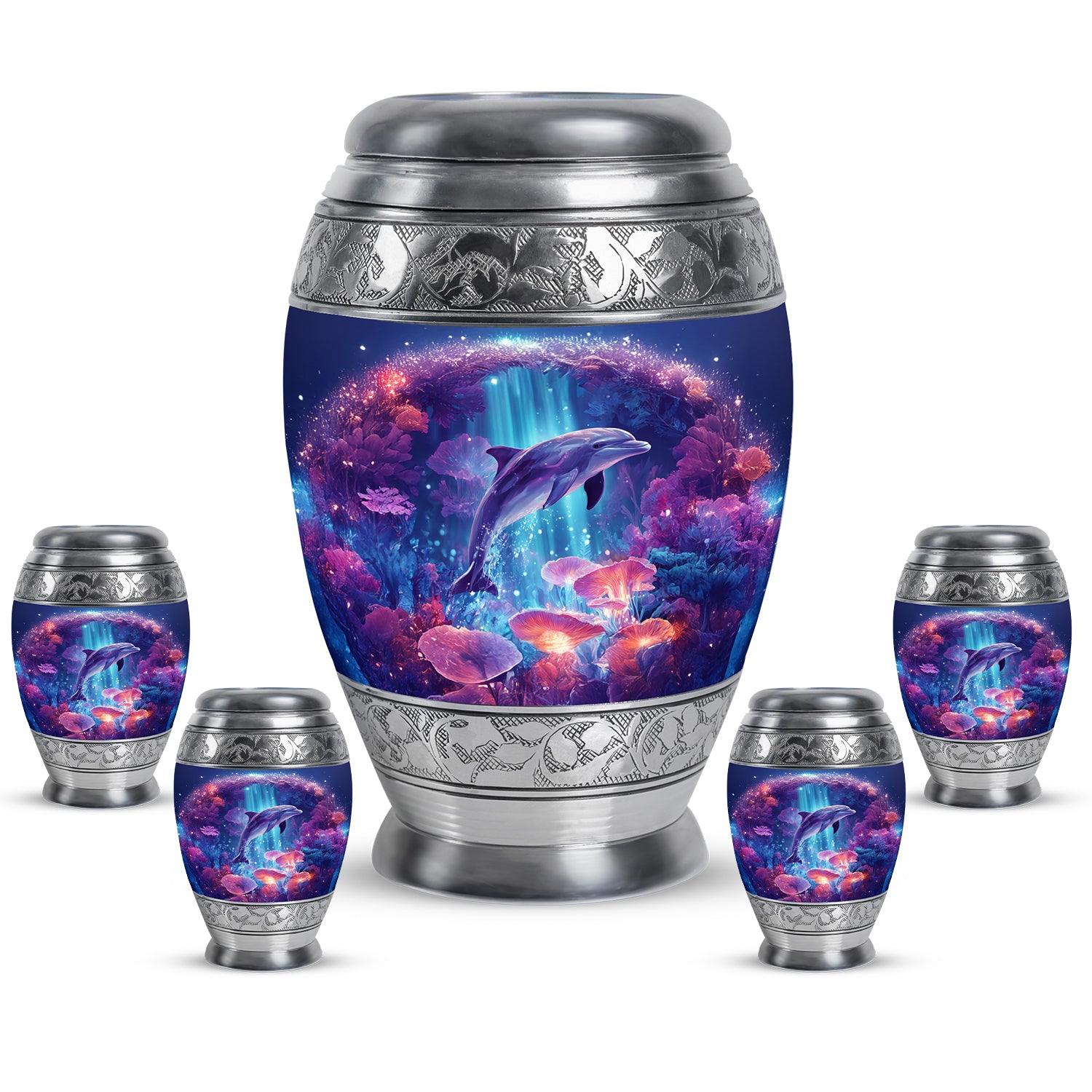 Pastel Blue Dolphin Cremation Urn detail view - ornate monarch-style dolphin relief on brushed aluminum - memorial set with one large and four small urns