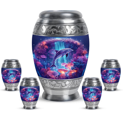 Pastel Blue Dolphin Cremation Urn detail view - ornate monarch-style dolphin relief on brushed aluminum - memorial set with one large and four small urns