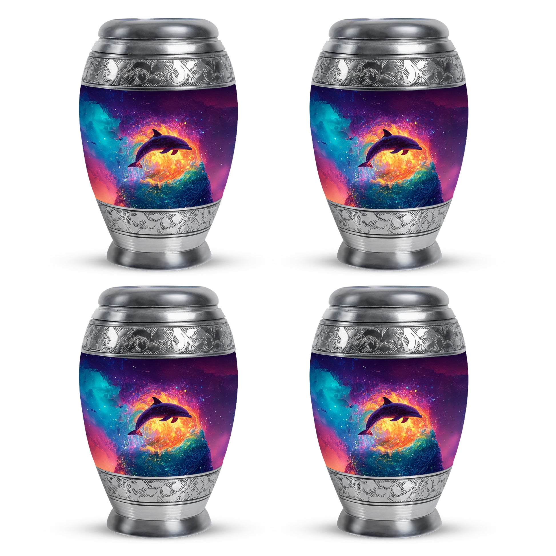Amethyst Purple Dolphin Cremation Urn urn with complimentary velvet bag - ornate monarch-style dolphin relief on brushed aluminum - 10 inch aluminum urn for cremated remains