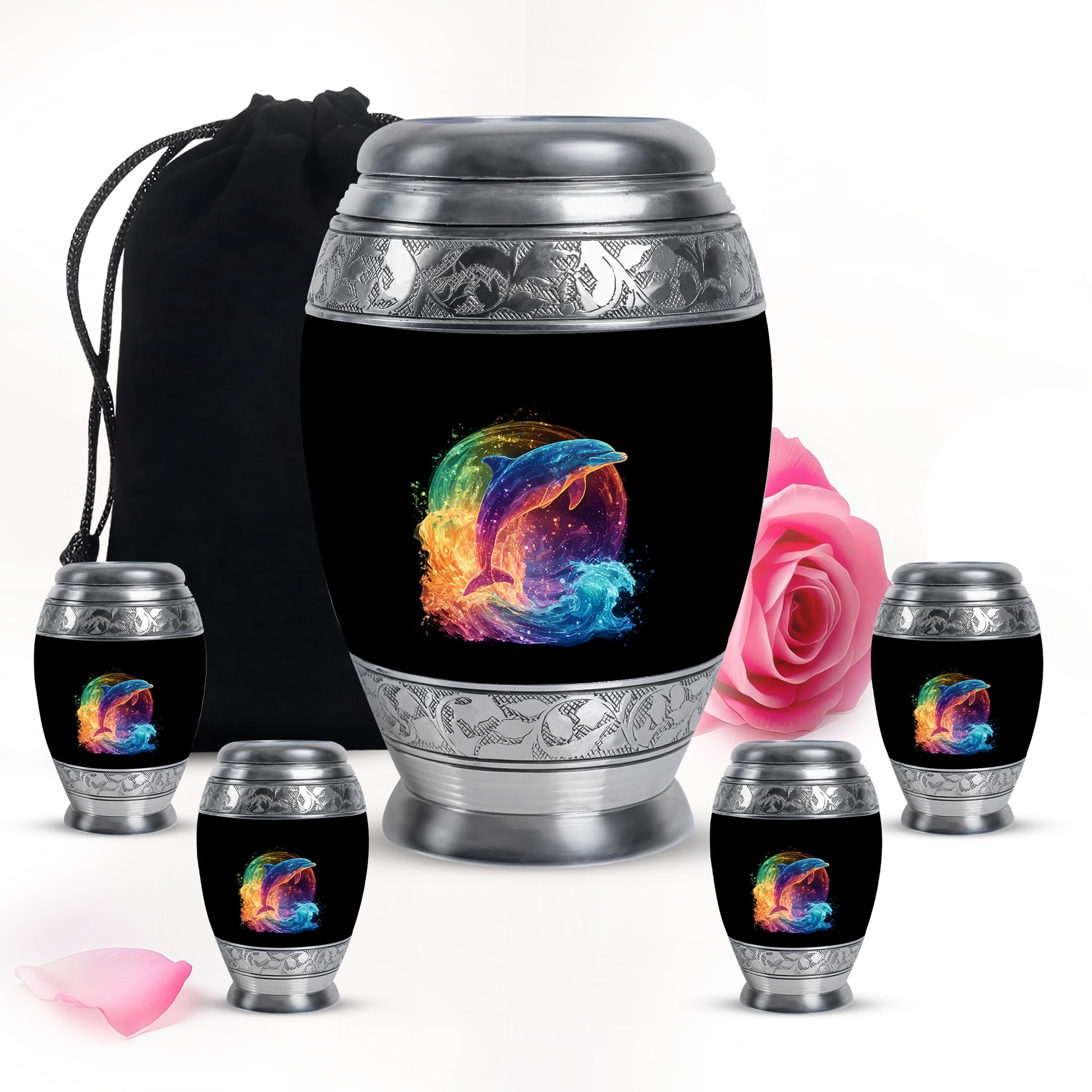 Rich Black Dolphin Cremation Urn detail view - regal dolphin design with crown-inspired accents - memorial set with one large and four small urns