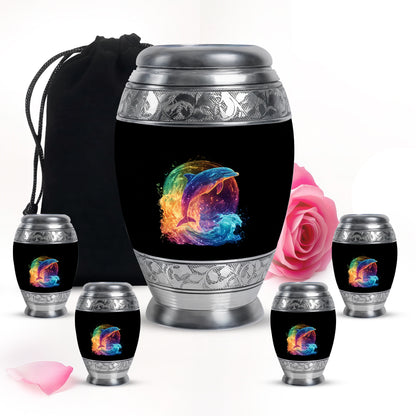 Rich Black Dolphin Cremation Urn detail view - regal dolphin design with crown-inspired accents - memorial set with one large and four small urns