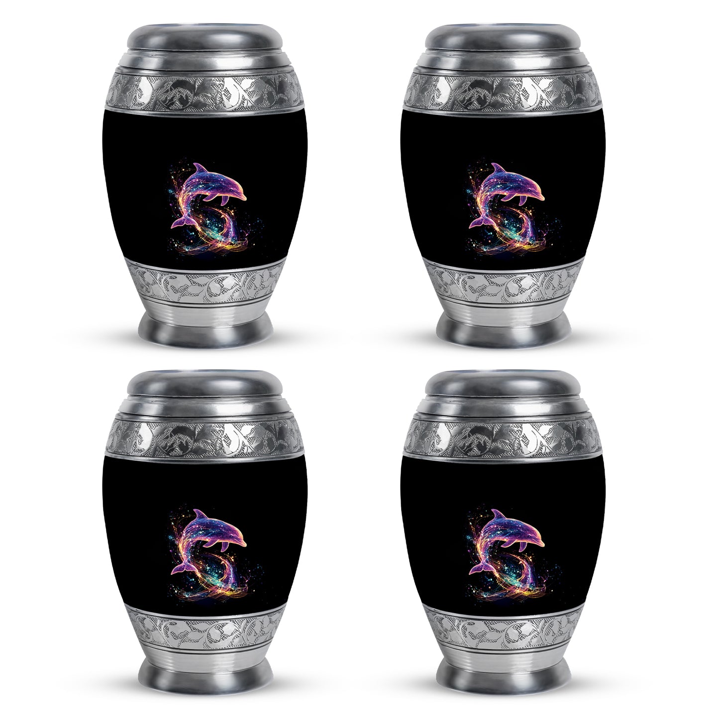 Dark Black Dolphin Cremation Urn urn with complimentary velvet bag - royal dolphin engraving with decorative scrollwork - 10 inch aluminum urn for cremated remains