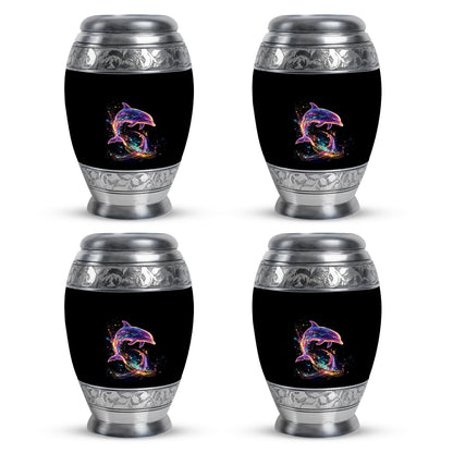 Dark Black Dolphin Cremation Urn urn with complimentary velvet bag - royal dolphin engraving with decorative scrollwork - 10 inch aluminum urn for cremated remains