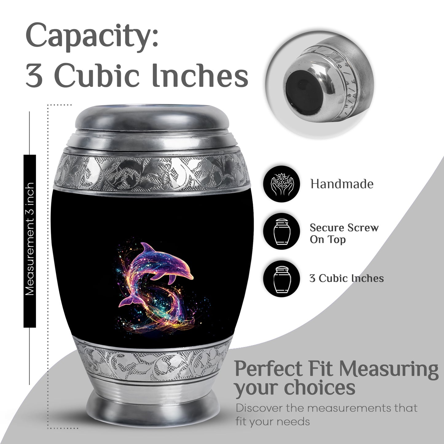 Jet Black Dolphin Cremation Urn lifestyle display on memorial shelf - ornate monarch-style dolphin relief on brushed aluminum - mini keepsake memorial for portion of cremation ashes