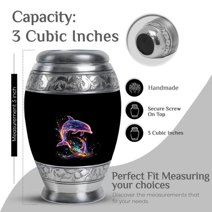 Jet Black Dolphin Cremation Urn lifestyle display on memorial shelf - ornate monarch-style dolphin relief on brushed aluminum - mini keepsake memorial for portion of cremation ashes